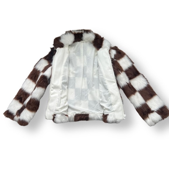 Brown Checkered Faux Fur Jacket Size Medium NWOT - Picture 7 of 8